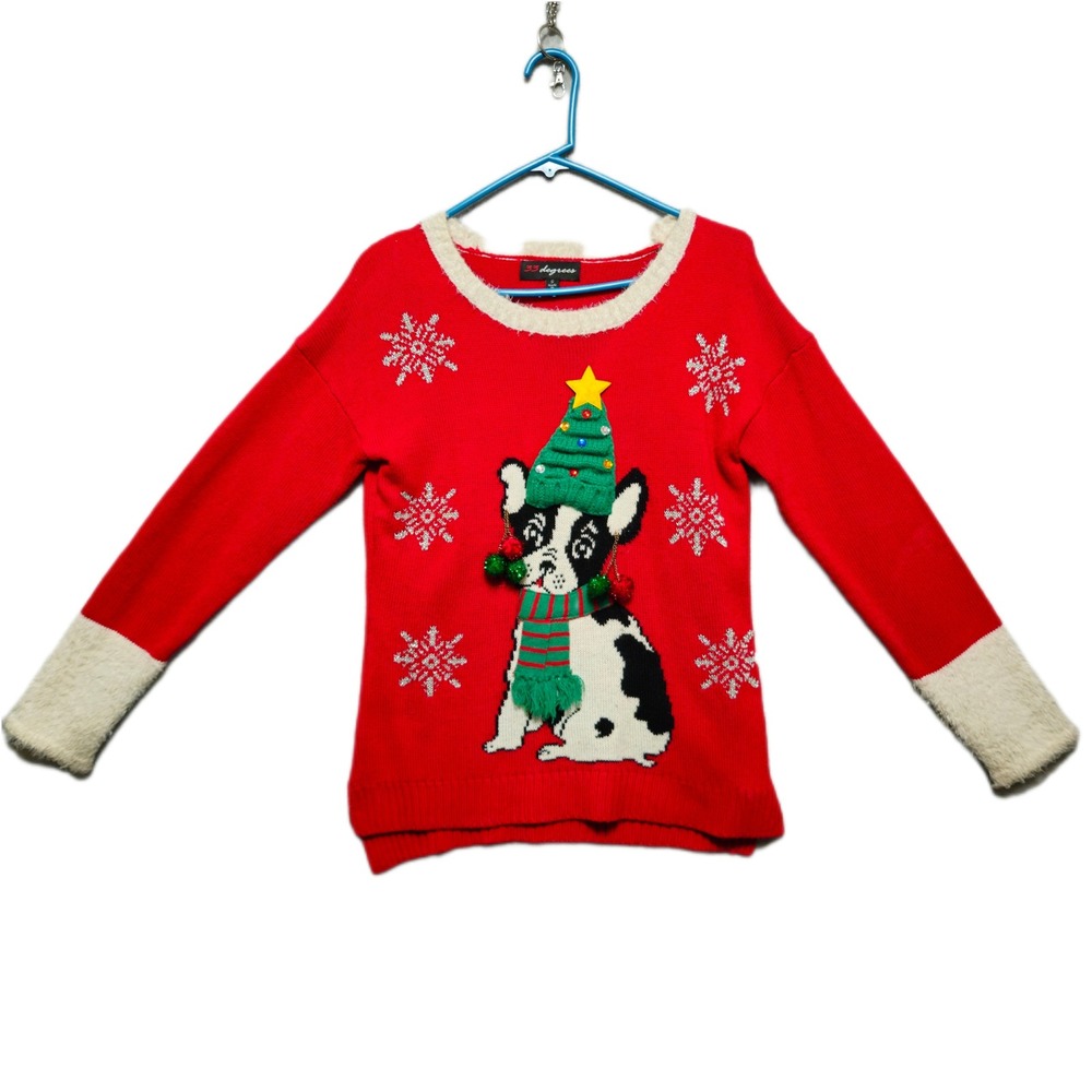 33 Degrees Womens Small Red French Bulldog Ugly Christmas Sweater Fun Festive‎
